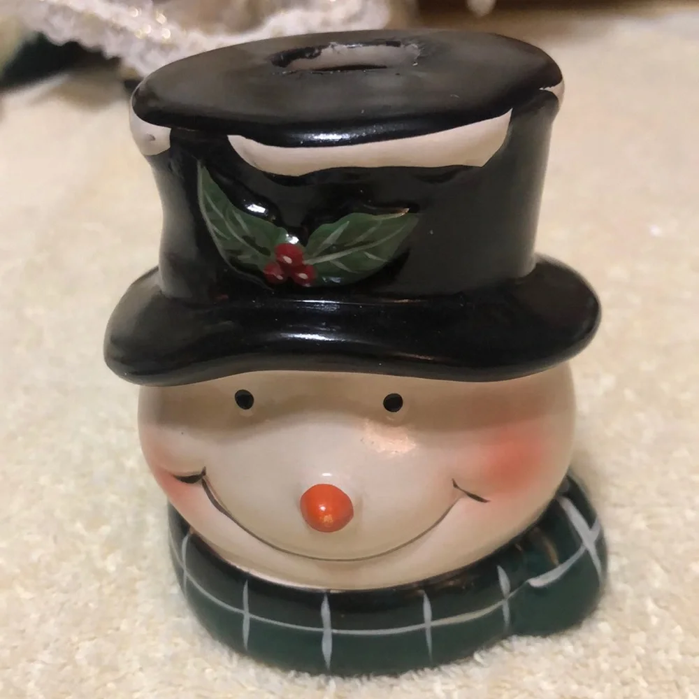 Snowman Head Ceramic Candle Holder - Top hat with Holly - 3.75”x3.25”
